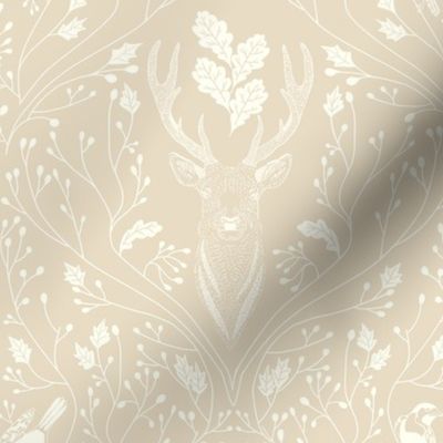 Damask with deer, birds and leaves off white on warm neutral earth tone / beige - small scale
