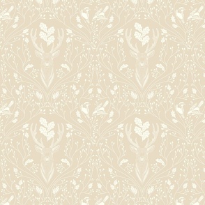 Damask with deer, birds and leaves off white on warm neutral earth tone / beige - small scale