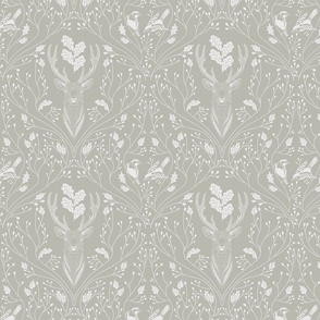 Damask with deer, birds and leaves off white on neutral beige / Khaki - small scale