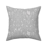 Damask with deer, birds and leaves off white on silver grey - small scale