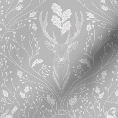 Damask with deer, birds and leaves off white on silver grey - small scale