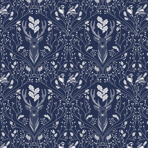 Damask with deer, birds and leaves off white on navy blue - small scale