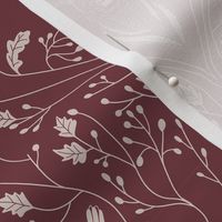 Damask with deer, birds and leaves off white on burgundy red - small scale