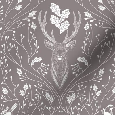 Damask with deer, birds and leaves off white on brown / warm earth tone - small scale