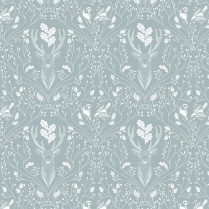 Damask with deer, birds and leaves off white on light winter blue - small scale