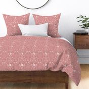 Damask with deer, birds and leaves off white on pink- small scale
