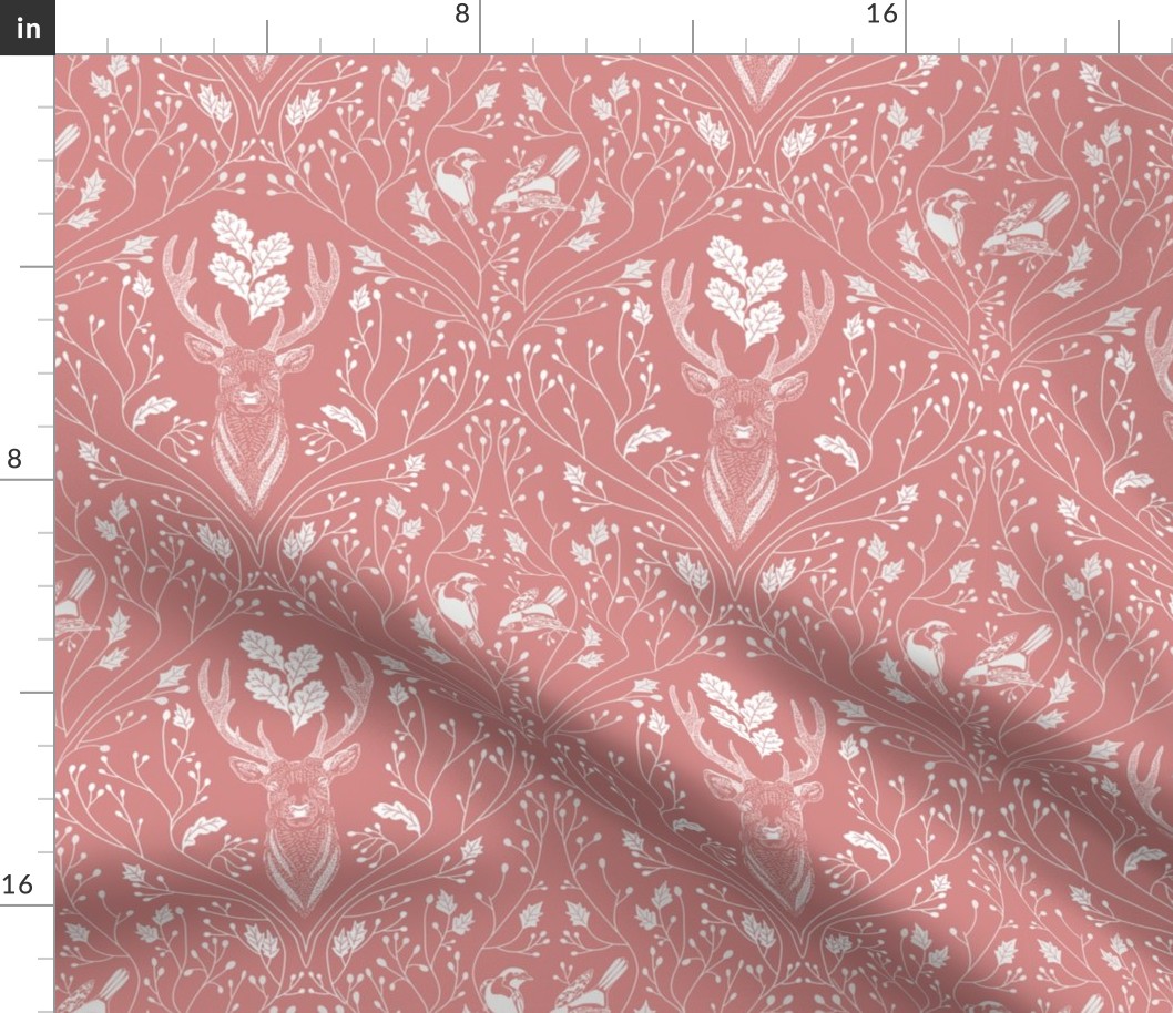 Damask with deer, birds and leaves off white on pink- small scale