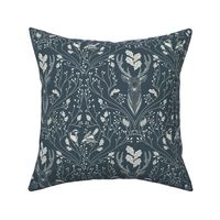 Damask with deer, birds and leaves off white on dark teal blue  - small scale