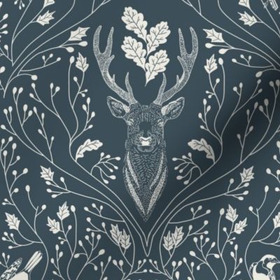 Damask with deer, birds and leaves off white on dark teal blue  - small scale