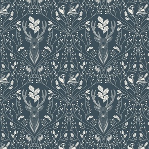 Damask with deer, birds and leaves off white on dark teal blue  - small scale