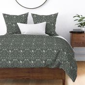 Damask with deer, birds and leaves off white on dark green / olive green / military green - small scale