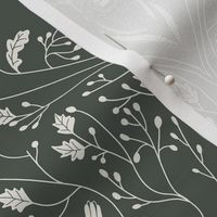 Damask with deer, birds and leaves off white on dark green / olive green / military green - small scale