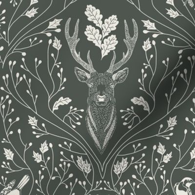 Damask with deer, birds and leaves off white on dark green / olive green / military green - small scale