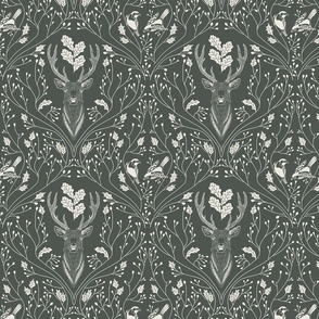 Damask with deer, birds and leaves off white on dark green / olive green / military green - small scale
