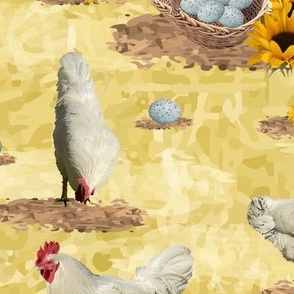 French Farmhouse Sunflowers Decor, Farmyard Chicken Pattern, Rooster and Hen, Blue Speckled Eggs (Large Scale)