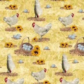 Sunflower Yellow Farmhouse Decor, Farmyard Chicken Pattern, Rooster and Hen, Blue Speckled Eggs (Small Scale)