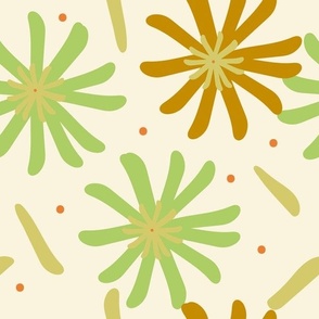 Happy Spring Daisies And Dots - Green And Gold On Cream.