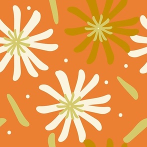 Happy Spring Daisies And Dots - Gold, Cream And Chartreuse On Orange.