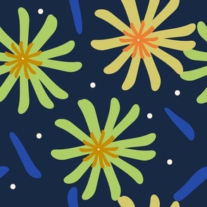 Happy Spring Daisies And Dots - Orange, Green And Gold On Luxe Blue.