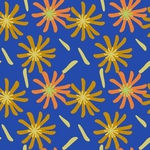 Happy Spring Daisies - Orange, Gold And Green On Blue - Small Scale.