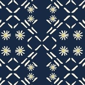 Garden Trellis And Daisy - Small Scale - Cream On Dark Blue.