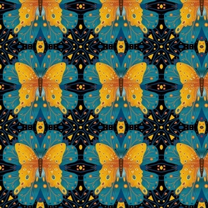 Amber butterfly on teal petals with black background