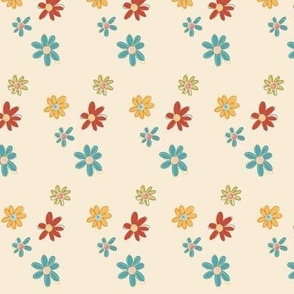 Bright Whimsical Flowers in Yellow, Teal and Red-Orange on a Cream Background