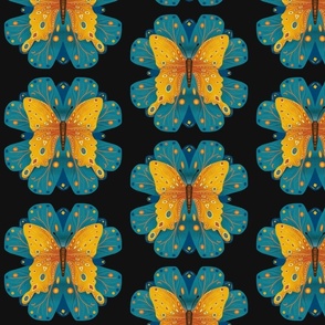 Amber butterfly on teal petals with a black background.