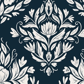 Victorian Era Damask Floral - navy blue and cream - large