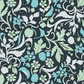 LARGE: Spring Blooms Soft-Hued whimsical green and white Victorian Florals 