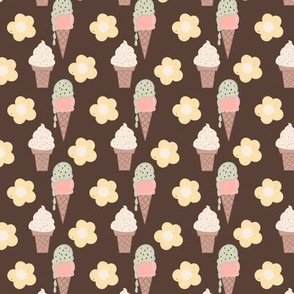 Flowers and Ice Cream-Brown, Retro Inspired, Ice Cream Cone, Daisy Floral, Hand Drawn, Brown, yellow, mint, pink, white, orange, blue, Vintage Inspired, Floral Dessert, Retro Ice Cream, Playful Kid Fabric, Dessert Fabric, Nostalgic Ice Cream, Whimsical