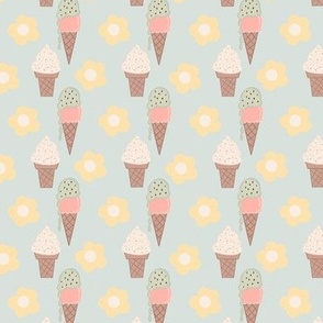 Flowers and Ice Cream-Mint, Retro Inspired, Ice Cream Cone, Daisy Floral, Hand Drawn, Brown, yellow, mint, pink, white, orange, blue, Vintage Inspired, Floral Dessert, Retro Ice Cream, Playful Kid Fabric, Dessert Fabric, Nostalgic Ice Cream, Whimsical