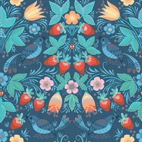 (S/teal ) Strawberry Thief Folksy Style on Blue  / Maximalist Folk Design Challenge / Blue Teal / 8in small scale   