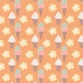 Flowers and Ice Cream-Orange, Retro Inspired, Ice Cream Cone, Daisy Floral, Hand Drawn, Brown, yellow, mint, pink, white, orange, blue, Vintage Inspired, Floral Dessert, Retro Ice Cream, Playful Kid Fabric, Dessert Fabric, Nostalgic Ice Cream, Whimsica