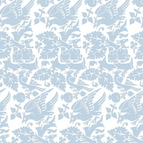 medieval birds and deer, pale blue on white