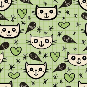 Happy-Halloween-cats-with-boo-speech-bubbles-and-hearts-on-vintage-green-XL-jumbo