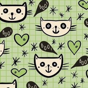 Happy-Halloween-cats-with-boo-speech-bubbles-and-hearts-on-vintage-green-L-large