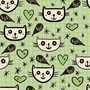 Happy-Halloween-cats-with-boo-speech-bubbles-and-hearts-on-vintage-green-S-small