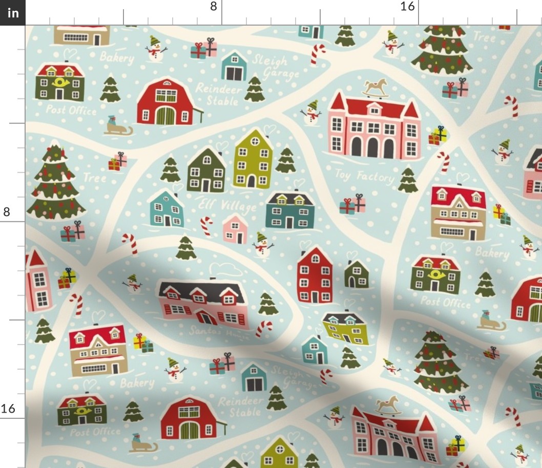 north pole map - christmas holiday village - xmas furoshiki retro colors