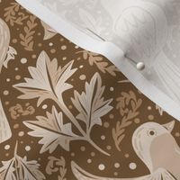 Hand Drawn Birds and leaves. Monochrome warm earthy brown colors - Small scale