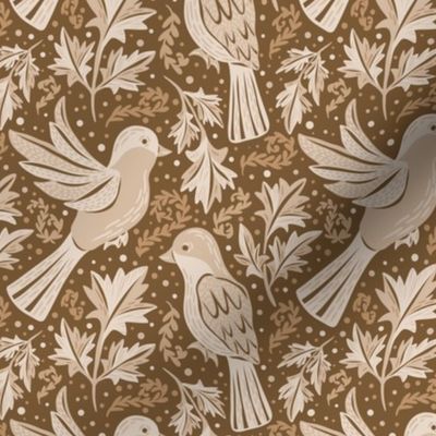 Hand Drawn Birds and leaves. Monochrome warm earthy brown colors - Small scale