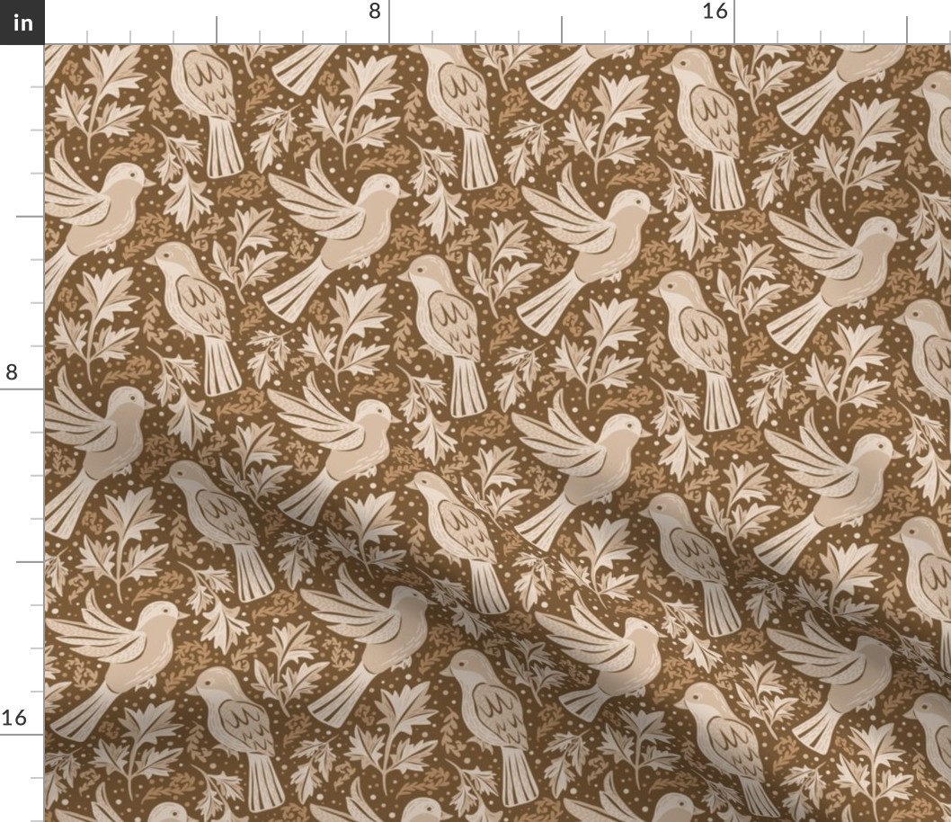 Hand Drawn Birds and leaves. Monochrome warm earthy brown colors - Small scale