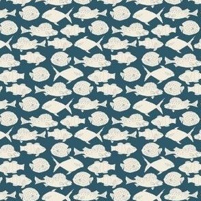 (S) beige fishes in horizontal lines on dark cerulean blue