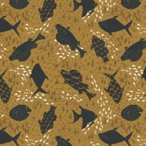 (S) black and white fishes on goldenrod yellow with lake grass and fishing net