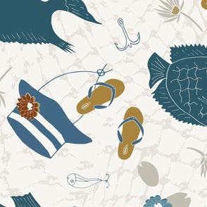 (XL) cerulean blue fish, navy blue summer cap, goldenrod slipper, blue and beige water lily  and fishing hook on white 