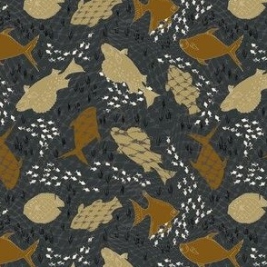 (S) copper brown khaki green white fishes on dark taupe with grass and net