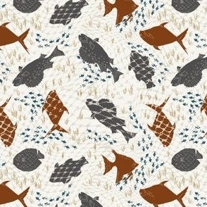 (S) copper brown taupe grey blue fishes on white with lake grass and fishing net