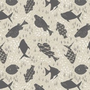 (S) taupe and white fishes on beige with lake grass and fishing net