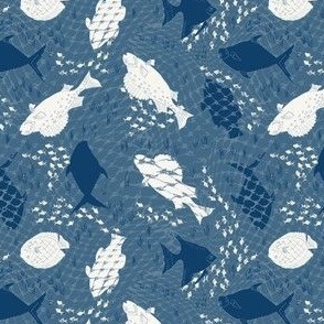 (S) white and navy blue fishes on blue with lake grass and fishing net