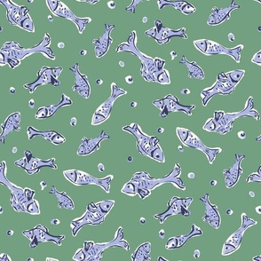 Vintage Blue Fish Fabric, Wallpaper and Home Decor